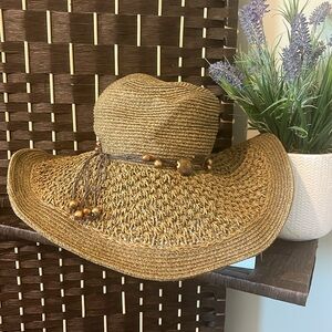 SUN ‘n’ SAND Beach Hat Vacation Brown Tan Bead Trim Braided Floppy Woven